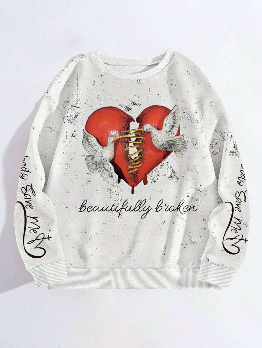 INAWLY Women's 2025 Casual Sweatshirt With Beautifully Broken Tour 3D Heart Print, Round Neck Long Sleeve Sportswear Pullover Fall Sweatshirt - White - View 1