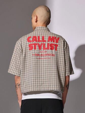 SUMWON Call My Stylist Gingham Check Boxy Shirt Streetwear Oversized Button Down Casual Urban Fashion Statement Graphic Print Unisex