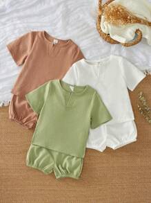SHEIN 3-Piece Set Baby Boy Solid V-Neck Short Sleeve T-Shirts Top For Spring - Multicolor - View 5