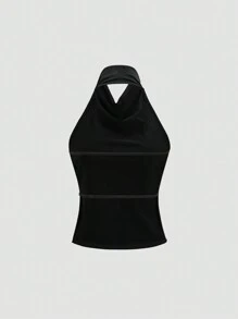 Sweetra Scoop Neck Halter Elegant Basic Camisole With Elastic Adjustable Criss-Cross Straps At Back - Black - View 2