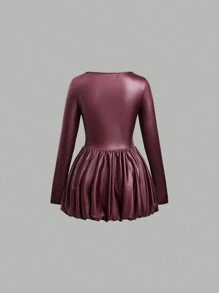 SHEIN Unity Women's PU Leather Solid Color Long Sleeve Ruffle Hem Bodycon Dress Fall Cloth For Women - Burgundy - View 2