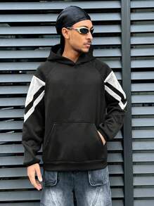 Sudadera con capucha negra suelta de manga larga y bloqueo de color casual para hombres, otoño/invierno