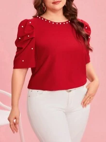 Reflora Plus Size Crew Neck Short Sleeve Casual Shirt With Faux Pearl Decor Valentine's Day Top