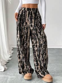 SHEIN Essnce Women's Asymmetrical Printed Casual Wide Leg Pants - Multicolor - View 5