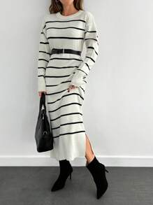 EURMUSE Women Striped Round Neck Dropped Shoulder Long Sleeve Casual Sweater Dress, Autumn/Winter - White - View 5