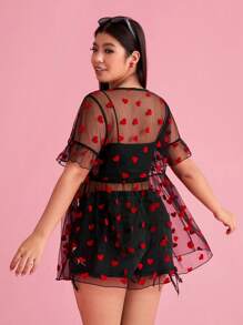 SHEIN EZwear 大码女式红色爱心植绒网纱透明休闲上衣