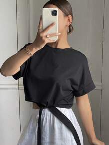 DAZY Women's Solid Color Round Neck Short Sleeve Casual Top, For Daily Wear,Crop Tops Women - Black - View 3