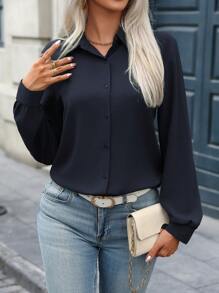 EMERY ROSE Women's Solid Color Casual Commuter Shirt With Turndown Collar, Front Placket, Back Pleats, Curved Hem, Long Sleeve Blouse, Suitable For Spring And Autumn Fall Cloth For Women - Navy Blue - View 6