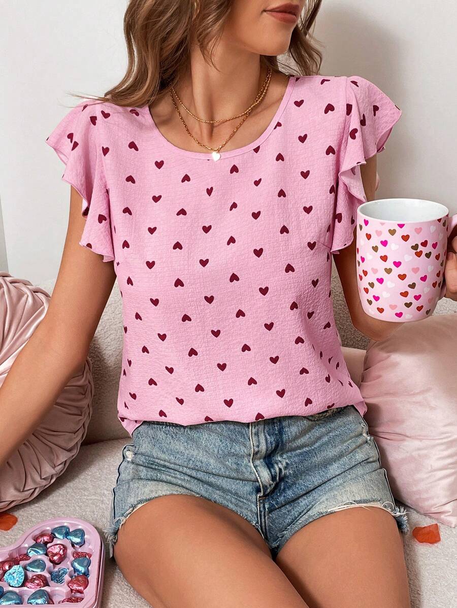 SHEIN LUNE Heart Print Ruffle Trim Short Sleeve Blouse For Women, Spring/Summer Pink Shirt For Valentine's Day Going Out Tops Women - Multicolor - View 1