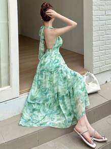 DAZY V-Neck Sleeveless Ruffle Trim Mid-Calf Floral Print Spring Dress For Women Sundress