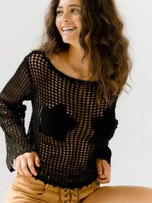 Aralina Black Mesh Crochet Long-Sleeve Rosette Star Bust Pullover Sweater Cover Up - Black - View 1