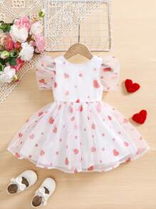SHEIN Fern Glow  Baby Girls Elegant Heart Organza Short Sleeve Dress, Suitable For Party, Outing And Other Occasions, Spring/Summer Valentine's Day - White - View 9