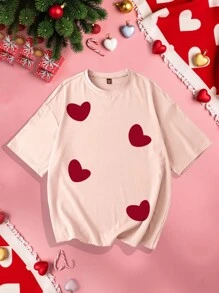 Manfinity Homme Valentine's Day Lovers Couple Men's Round Neck Short Sleeve Heart Print Casual T-Shirt - Baby Pink - View 7