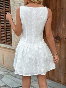Chiquease Damen Ärmellos Vorderverschluss Lässig Stickerei Elegantes Kleid - Weiss - Übersicht 2