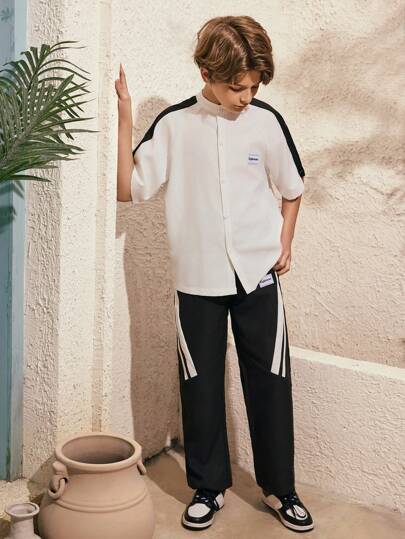 SHEIN Explorewe 2 Packs Tween Boy Spliced Color-Block Polo Short-Sleeve Shirt And Straight Spliced Long Pants, Suitable For Valentine's Day Theme, Suitable For Outings, Suitable For School