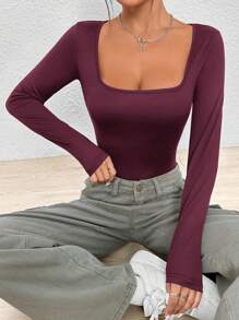 SHEIN PETITE Square Neck Slim Fit Long Sleeves Tee Bodysuit - Rose Red - View 6