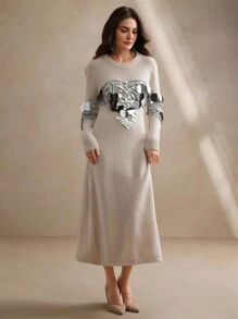 Anewsta Hand-Beaded And Sequined Elegant Sweater Dress - Cream - View 4