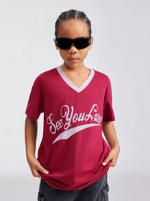 SHEIN Tween Girls Spring/Summer Casual V-Neck Short Sleeve T-Shirt With Letter Print And Color Block - Burgundy - View 5