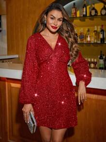 SHEIN Clasi Elegante A-lijn kerstfeestjurk met pailletten en lantaarnmouwen voor dames