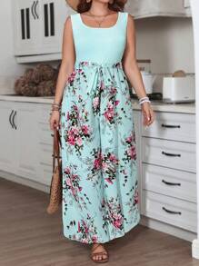 SHEIN VCAY Plus Size Boho Tie Waist Floral Print Wide Leg Sleeveless Jumpsuit, For Summer - Baby Blue - View 4