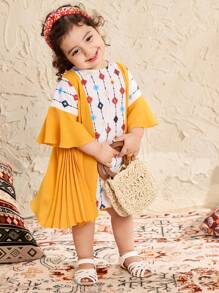 SHEIN Baby Mädchen Sommerkleid mit niedlichem geometrischem Muster Patchwork und Kurzarm - Gelb - Übersicht 1