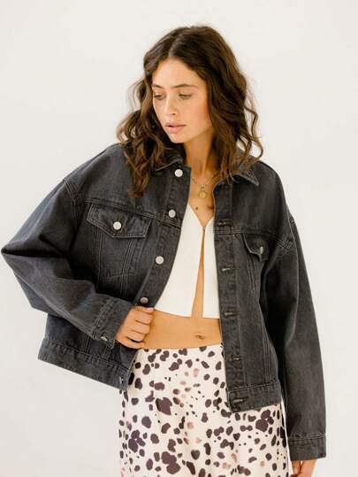 Aralina Oversized Party Casual Long Sleeve Black Denim Jacket