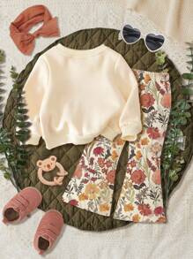 SHEIN Baby Girls Floral Print Sweatshirt And Bell Bottoms Casual Soft Knit Simple Pullover Two-Piece Outfit