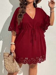 SHEIN VCAY Plus Size Holiday Solid Tie Waist Beach Casual Cover Up Dress Summer