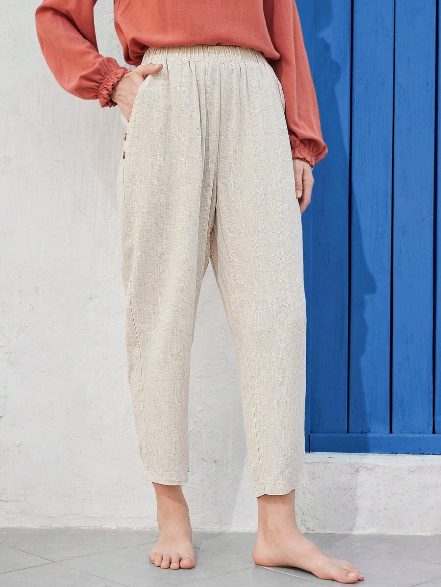 EMERY ROSE 女士纯色松紧腰带口袋休闲裤，日常穿着 - 杏色 - 查看 1