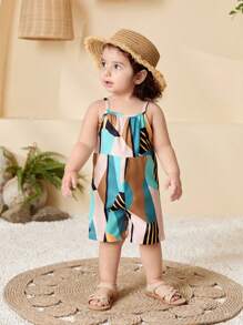 Baby Girl Infant/Toddler 0-3 Years Spring/Summer New Abstract Geometric Multi-Color Casual Loose Comfortable Jumpsuit Romper Suitable For Daily Outings