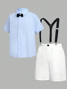 Ensemble chemise à col polo avec nœud papillon + short à bavette, style gentleman, tenue décontractée coordonnée pour l'école pour pré-adolescents - Blanc - Voir 12