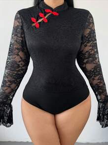 Flirla Plus Size Elegant And Sexy Chinese Style Lace Bodysuit Fall Cloth For Women
