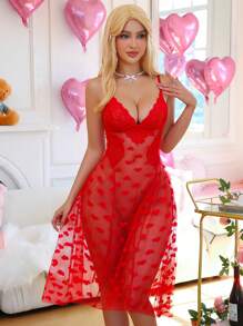 SHEIN 情人节女士性感蕾丝拼布睡衣 - 紅色 - 查看 1