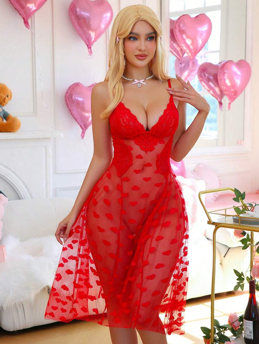 SHEIN 情人节女士性感蕾丝拼布睡衣 - 紅色 - 查看 1