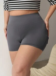 SHEIN EZwear شورتات كارجو ضيقة بخصر مرن رافع، مقاسات كبيرة، موسم الربيع - رمادي - مشاهدة 4