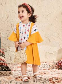 SHEIN Baby Mädchen Sommerkleid mit niedlichem geometrischem Muster Patchwork und Kurzarm - Gelb - Übersicht 6