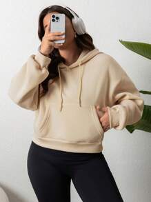 INAWLY Plus Size Plain Long Sleeve Pocket Hoodie Sweatshirt, Casual Daily Wear