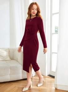 少女纯色休闲扭结开衩长袖中长连衣裙，优雅圣诞派对连衣裙 - 紅色 - 查看 3