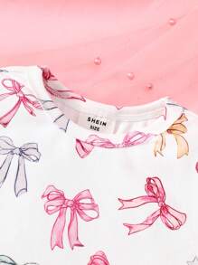 SHEIN Leap Crew 2pcs Baby Girl Baby Girls Soft & Comfortable Solid Color Bow Decor Round Neck Raglan Sleeve Tight Fit Pajama Set - White - View 3