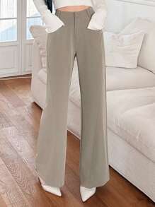 DAZY Pantalones elegantes para primavera y verano de unicolor con diseño de bolsillos y bajo acampanado para mujer