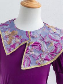 SHEIN 2pcs Set: Floral Jacquard Crew Neck Puffy Sleeve Top & Midi Skirt, Elegant - Multicolor - View 4