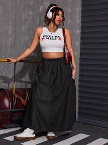 SHEIN ICON Plus Size Loose Plus Size Denim Peplum Midi Skirt - Black - View 7