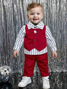 SHEIN 2pcs Set Baby Boys Casual 2 In 1 Vest Shirt, Striped Shirt Top And Straight Pants With Bow Tie , Suitable For Spring/Autumn, Suitable For Christmas, Birthday, Christening, 1st Birthday Party, Evening Party, Performance, Wedding