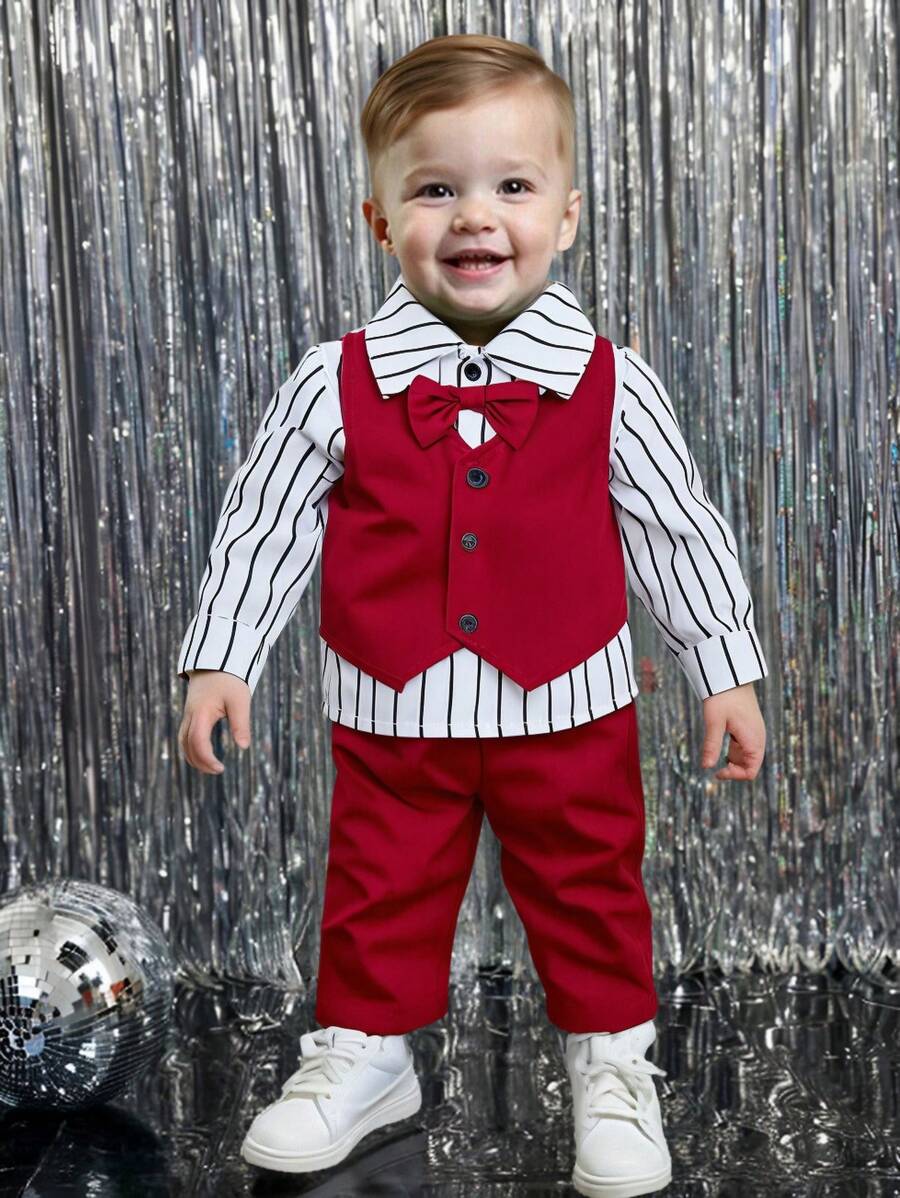 SHEIN 2pcs Set Baby Boys Casual 2 In 1 Vest Shirt, Striped Shirt Top And Straight Pants With Bow Tie , Suitable For Spring/Autumn, Suitable For Christmas, Birthday, Christening, 1st Birthday Party, Evening Party, Performance, Wedding