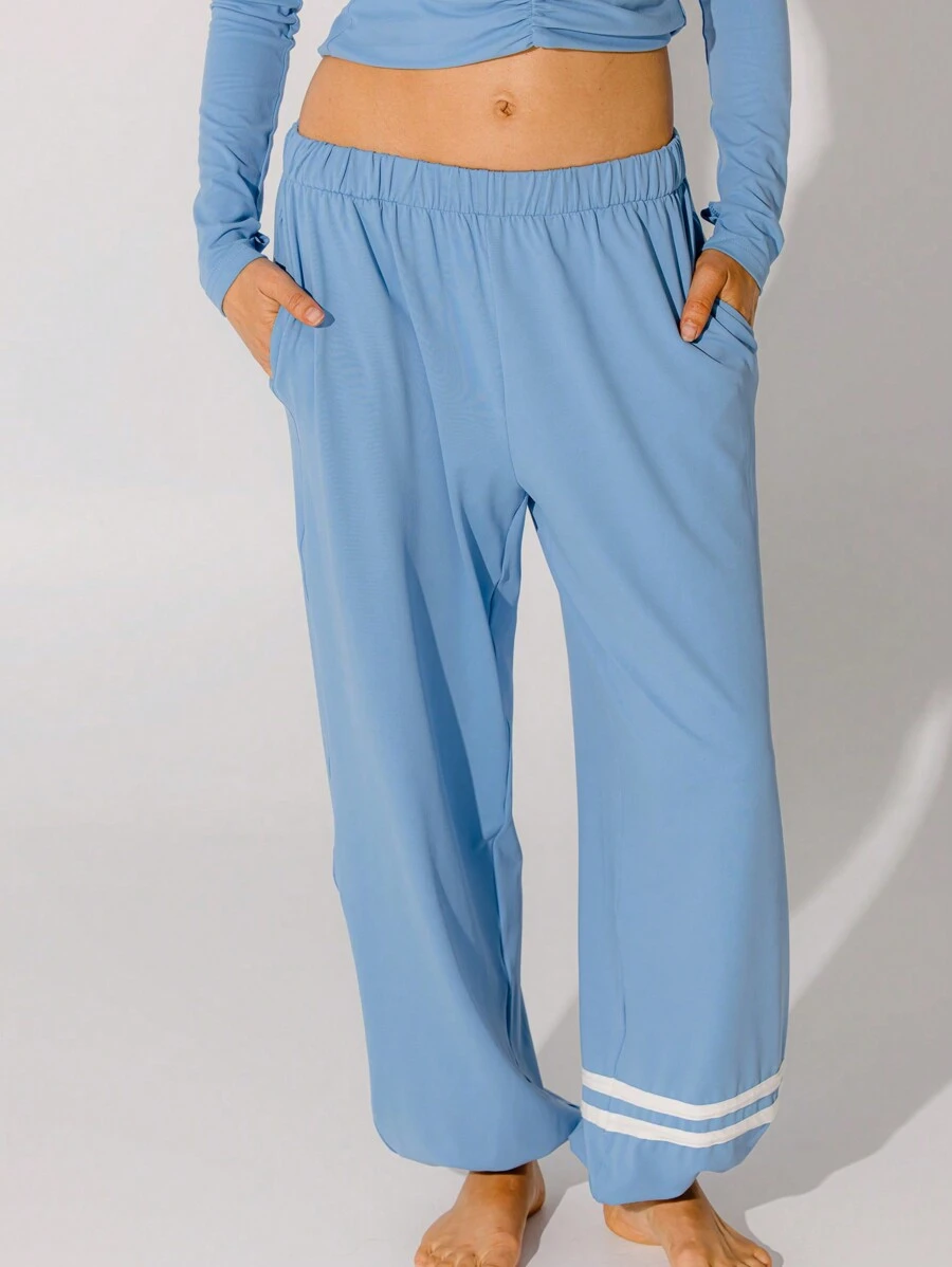 Aralina Leisurewear Loung 宽松版型天蓝色抽绳慢跑裤，腿部有条纹 - 藍色 - 查看 1