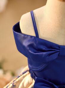 SHEIN Leap Crew 女婴可爱华丽蓝色蝴蝶结吊带上衣和花卉图案裙子 2 件套 - 藍色 - 查看 6