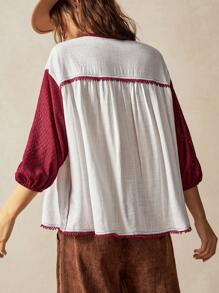 Bohemela Boho Tropical Vacation Woman Clothes Women Plain Color Patchwork Floral Embroidered Long Sleeve Casual Shirt