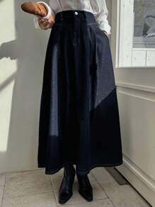 DAZY 纯色宽松口袋设计A字牛仔裙，女士秋季服装牛仔裙 - 藍色 - 查看 1