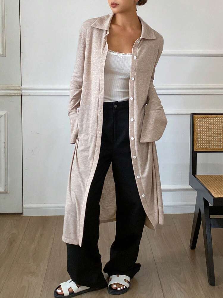 Plain Loose Long Sleeve Turndown Collar Long Tunic T-Shirt For Women,Fall Clothes