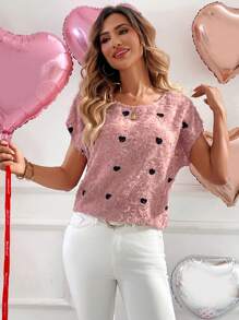 SHEIN LUNE 2025春季新款粉色爱心碎花3D刺绣短袖圆领情人节女上衣情人节爱心